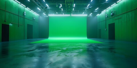An empty contemporary film studio with a green screen in the background. Concept Film Studio, Green Screen, Contemporary Design, Photography Location, Cinematography Environment