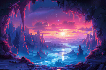 Retro Style of game landscape with stalactites and cave. 