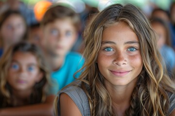 Fototapeta premium A close-up portrait of a young girl with natural light showcasing her bright blue eyes and smile