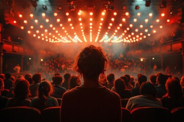 Fototapeta na wymiar The back view of an audience silhouetted against a brightly lit stage radiating with energetic red and orange lights