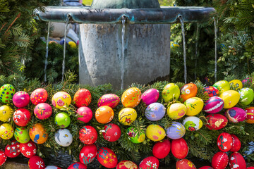 Detail of a beautifully decorated Easter fountain in Geschwand/Germany in Franconian Switzerland