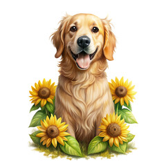 "Whimsical Happy golden retriever Dog Among Sunflowers 