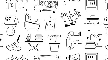 A seamless housekeeping background depicting various elements of cleaning service
