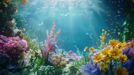 Fototapeta na wymiar Enchanted Underwater Oasis, A vibrant underwater landscape flourishes with colorful coral reefs and marine plants, bathed in the ethereal light streaming down from the ocean's surface, creating a magi