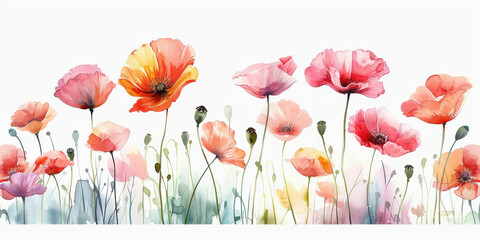 Watercolor painting of vibrant poppies and green foliage on a clean white background
