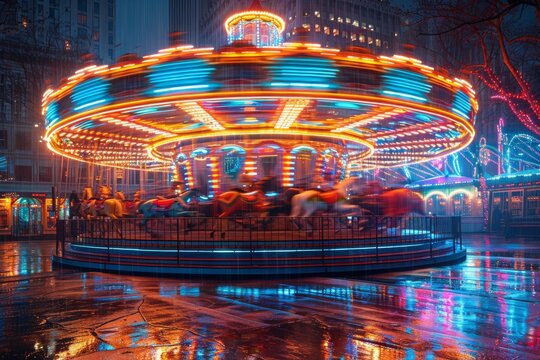 A dazzling display of neon lights blur as a carousel spins, creating a whirlwind of color and motion against the night sky