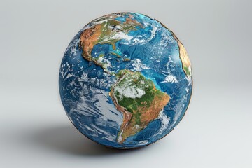 Fototapeta premium A realistic globe highlights detailed geography and terrain, featuring landmasses, bodies of water, flora, and diverse landscapes