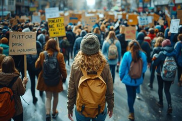 In the focal point is a blonde individual, standing amidst a sea of protesters, capturing the essence of a public demonstration - obrazy, fototapety, plakaty