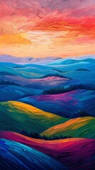 A panoramic view of rolling hills at sunset, painted with the impasto technique. Vertical oil painting.