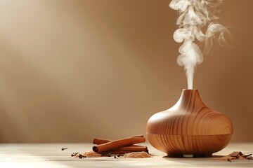 An essential oil diffuser on the table, nearby cinnamon sticks, minimalism, beige background, copy space for text. Still life. Concept aromatherapy and relaxing. Air freshener
