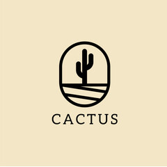 cactus on desert summer logo emblem vector vintage line art illustration design © Vecriz