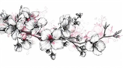 Admire a zentangle cherry blossom branch where flowers and buds intertwine with patterns heralding springs arrival - obrazy, fototapety, plakaty