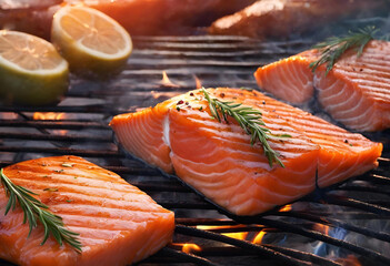 Tranches de saumon sur un barbecue - obrazy, fototapety, plakaty