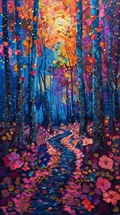 A whimsical forest scene at twilight, where the trees are painted with vibrant, impasto techniques. Vertical oil painting.