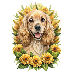 "Whimsical Happy cocker Dog Among Sunflowers 