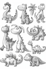 Collection set of out line child's coloring book cartoon dinosaurs of different species