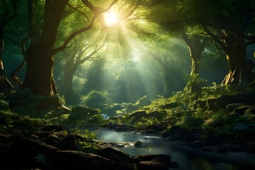 Enchanted Forest: A mystical woodland scene with sunlight filtering through the lush green canopy, creating an otherworldly atmosphere.

