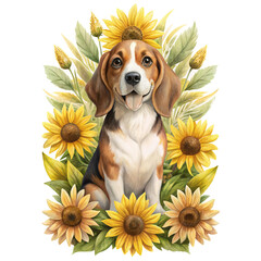 "Whimsical Happy Beagle Dog Among Sunflowers 