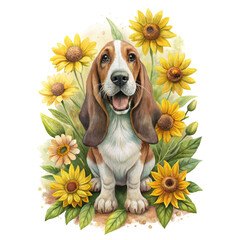 "Whimsical Happy basset hound Dog Among Sunflowers 