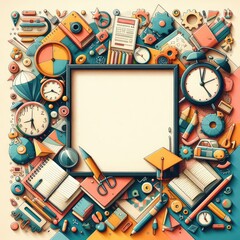 Abstract Photo frame based on books, clocks, pencil, pen, study theme
