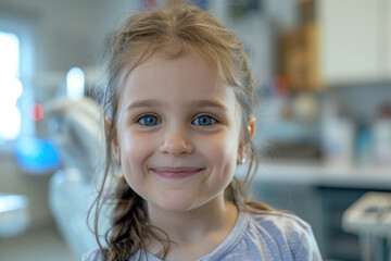 Cute preschool girl looks at the camera with a smile in the dental office during a dental examination