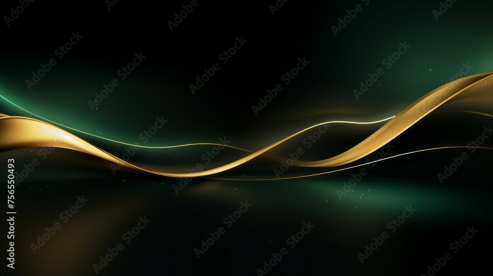 Poster horizontal abstract luxurious dark green background with golden curved smooth wavy lines for the pre