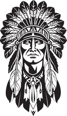 A Beautiful iconic Native American chief in a black and white vector illustration, Suitable for logo design, tattoo design or print on demand