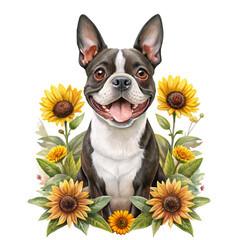 "Whimsical Happy boston terrier Dog Among Sunflowers 