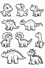 Collection set of out line child's coloring book cartoon dinosaurs of different species