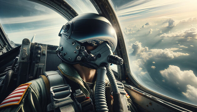 pilot operating a combat plane while using a helmet