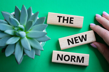 The new norm symbol. Concept words The new norm on wooden blocks. Beautiful green background with...