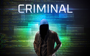 Faceless hacker on code background