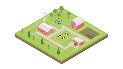 Isometric farm with house, hangars, and buildings. The three-dimensional top view with nature. Farm animals.