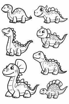 Collection set of out line child's coloring book cartoon dinosaurs of different species