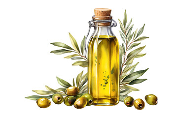 Olive oil in glass bottle. Hand drawn illustration isolated background. Natural fresh organic yellow vegetable oil in jar realistic watercolor image. Pure vegan seasoning. For design - obrazy, fototapety, plakaty