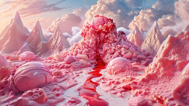 An ice cream volcano erupting with molten strawberry syrup cooling into rivers that flow through a landscape of waffle cone forests