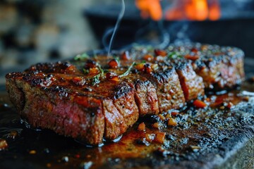 Tasty and juicy beef steak cooking over flaming grill