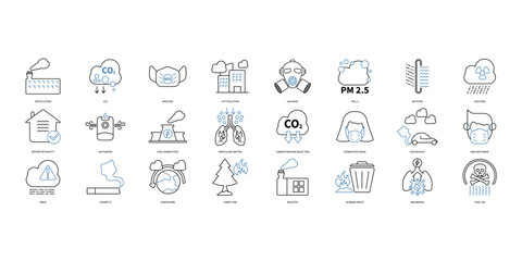 Air pollution icons set. Set of editable stroke icons.Vector set of Air pollution