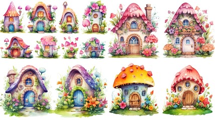Obraz na płótnie Canvas Title watercolor style cartoon illustration of fable fairytale mushroom house village with blossom flower isolated on white background, collection set, Generative Ai