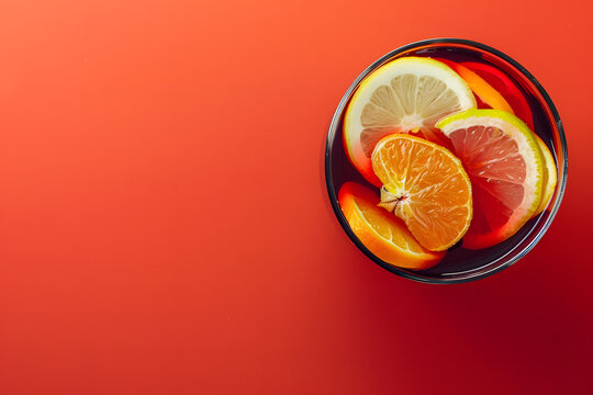 Sangria with fresh fruit slices, isolated on a vibrant sangria red background, evoking the spirit of Spanish summers 