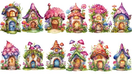 Obraz na płótnie Canvas Title watercolor style cartoon illustration of fable fairytale mushroom house village with blossom flower isolated on white background, collection set, Generative Ai