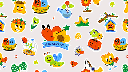 Seamless spring artwork symbolizing cute little insects, garden elements and springtime cheer
