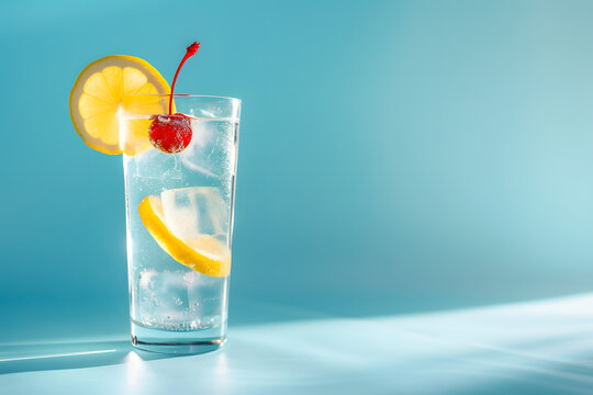 Tom Collins cocktail with cherry and lemon slice, isolated on a refreshing light blue background, signifying classic refreshment and taste 