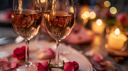 An intimate romantic dinner table set with rose petals scattered around, wine glasses, and soft candlelight in the background.