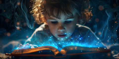 Cute little boy reading magic book on dark background