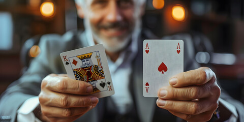 Magician show with playing cards. On grey background