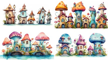 Title	
watercolor style cartoon illustration of fable fairytale mushroom house village with blossom flower isolated on white background, collection set, Generative Ai