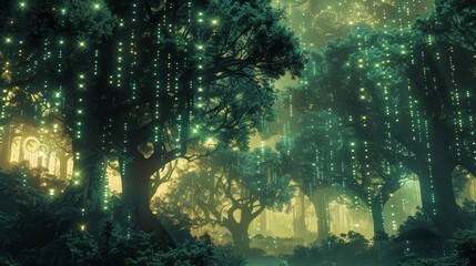 A magical forest scene at twilight, where trees are aglow with bioluminescent lights, creating a dreamlike atmosphere.