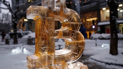 A Bitcoin ice sculpture stands glistening in an urban winter landscape, with city lights softly blurred in the background.