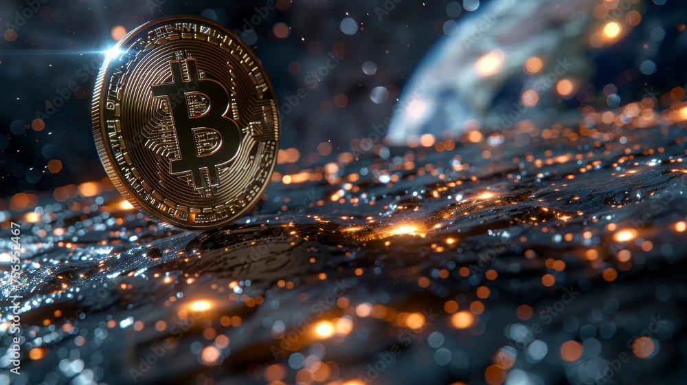 Poster a bitcoin cryptocurrency coin standing on a reflective surface with digital glitter and a space-like